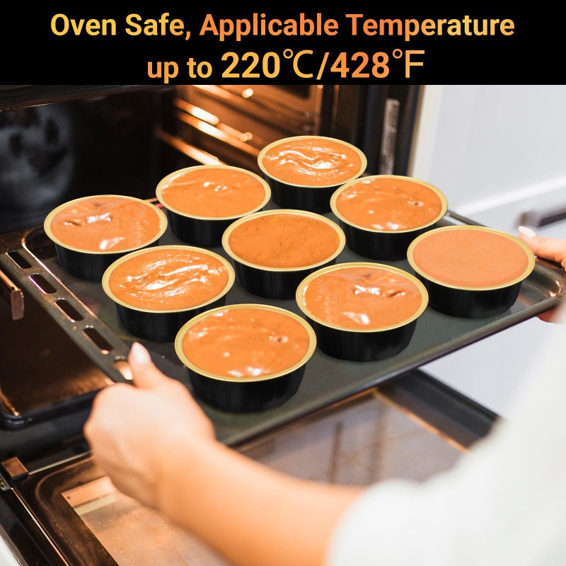 Beasea Disposable Baking Ramekins, 8 oz 100 Pack 3.9" 235ml Aluminum Foil Cups Bake Utility Ramekin Cup Souffle Cup Muffin Cupcake Baking Cup Mini Pudding Cups for Party Wedding Birthday - Black Gold - Image 3